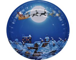 HI kinderbord met kerstman op slee - 2x stuks - blauw/wit - metaal - 26 cm - kerstontbijt - kerstdiner - kerstartikelen