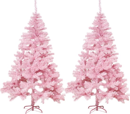 2x stuks kunst kerstbomen/kunstbomen roze 180 cm - Kunst kerstbomen / kunstbomen