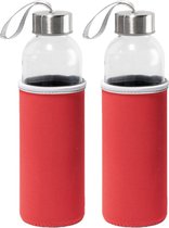 2x Stuks glazen waterfles/drinkfles met rode softshell bescherm hoes 520 ml - Sportfles - Bidon