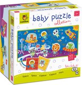 Ludattica DUDÙ Puzzels: BABY PUZZEL RUIMTE, 18x18x10cm, 8 dubbelzijdige puzzels van 4 stukjes (16x16cm) vormen op de achterkant een puzzel van 32 stukjes, 2+