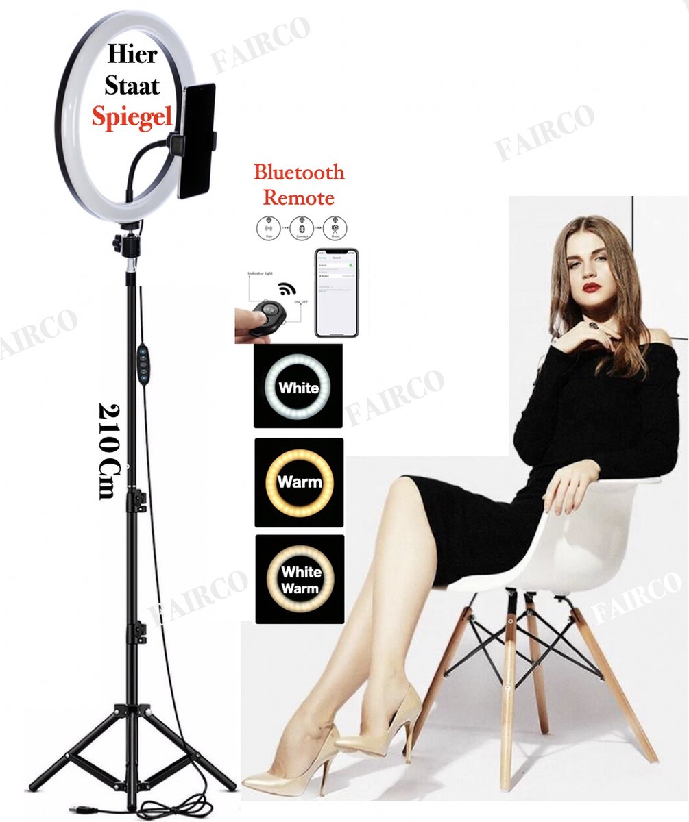 FAIRCO® 10" Ringlamp met Statief 210Cm Inclusief Bluetooth afstandsbediening en SPIEGEL - LED Ring Light 26Cm - LED Ringlamp - Flitser - Make-up light - Studiolamp - Youtube - TikTok