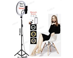 FAIRCO® 10" Ringlamp met Statief 210Cm Inclusief Bluetooth afstandsbediening en SPIEGEL - LED Ring Light 26Cm - LED Ringlamp - Flitser - Make-up light - Studiolamp - Youtube - TikTok