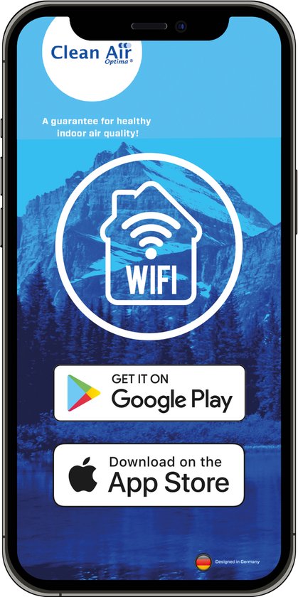 Smartphone met de Clean Air Optima app, downloadknoppen voor Google Play en App Store.