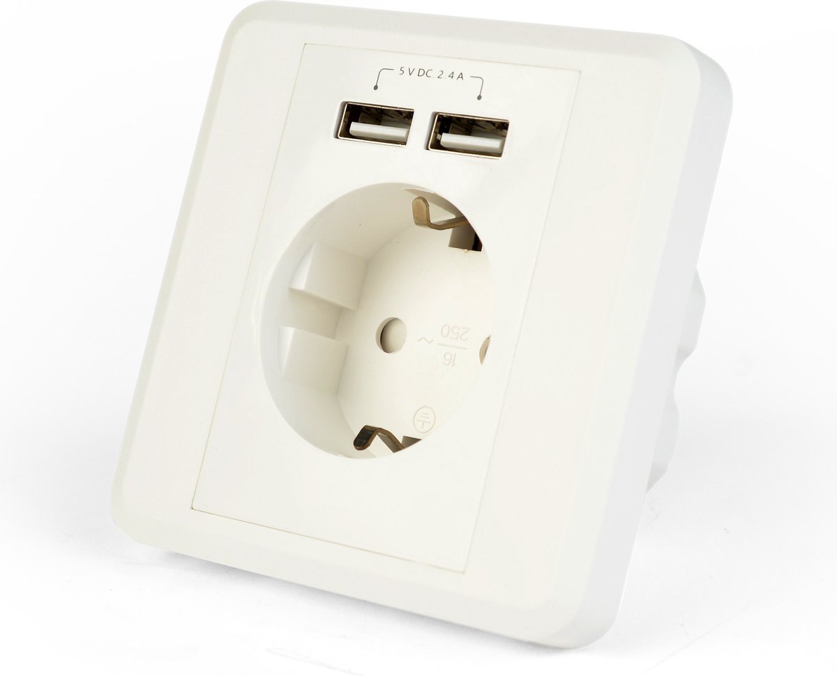 Inbouwstopcontact met 1 CEE 7/3 contact en 2 USB poorten - 2,4A / wit