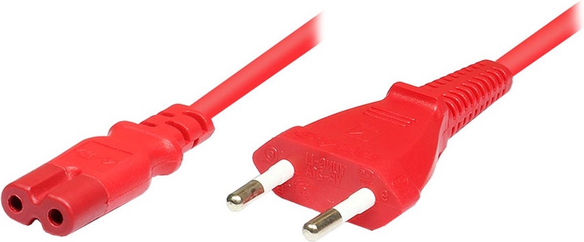 Stroomkabel met rechte C7 plug en rechte stekker - 2x 0,75mm / rood - 1,8 meter