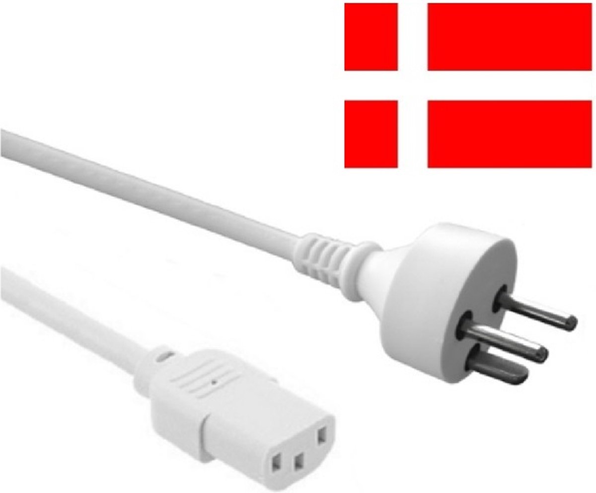 Apparaatsnoer met rechte C13 plug en rechte type K stekker (Denemarken) - 3x 0,75mm / wit - 1,8 meter