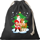 1x Kerst Santa en Rudolf cadeauzakje zwart met sluitkoord - katoenen / jute zak - Kerst cadeauverpakking zakjes