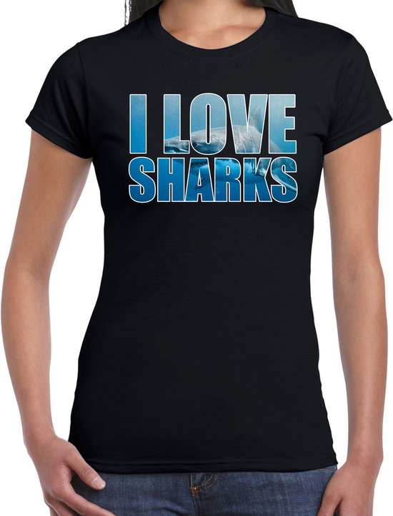 Tekst shirt I love sharks met dieren foto van een haai zwart voor dames - cadeau t-shirt haaien liefhebber XS