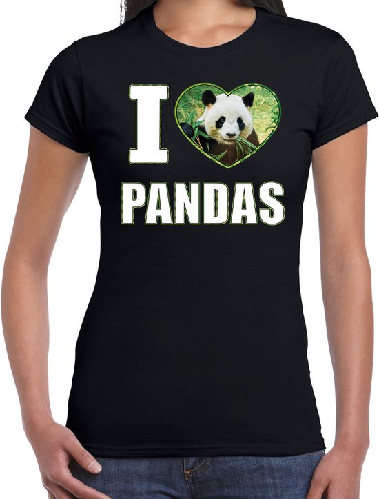 I love pandas t-shirt met dieren foto van een panda zwart voor dames - cadeau shirt pandas liefhebber L