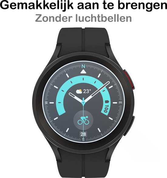 Zwarte smartwatch met een display waarop "Gemakkelijk aan te brengen Zonder luchtbellen" staat.