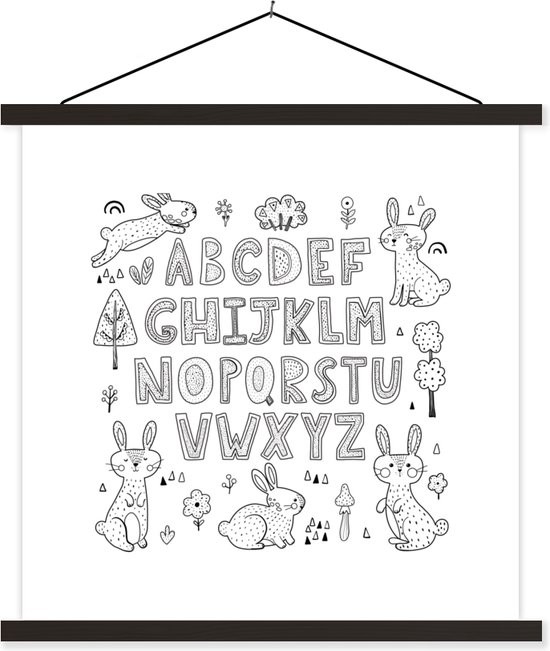Posterhanger incl. Poster - Schoolplaat - Illustratie alfabet met springende konijnen in zwart-wit - 90x90 cm - Zwarte latten