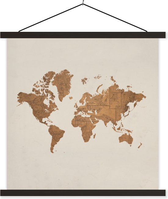 Affiche scolaire - Wereldkaart - Ancien - Marron - 40x40 cm - Lattes noires