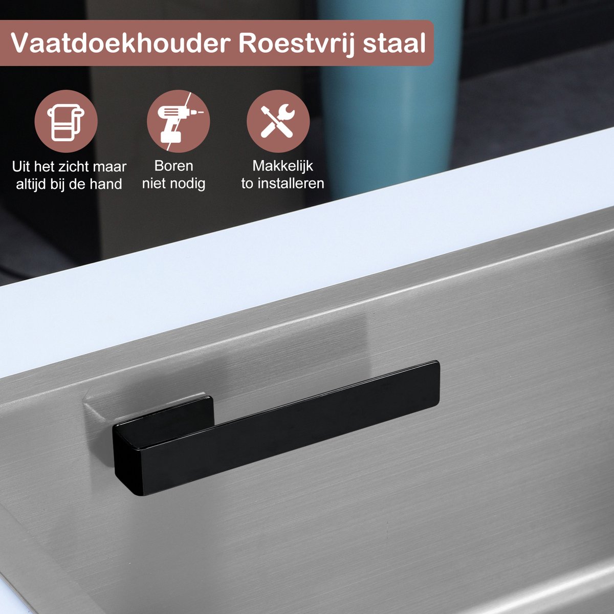 Dooki® Vaatdoekhouder RVS – Mat Zwart – Keuken Organizers – Keuken accessoires – Aanrecht Organiser – Met Plakstrip