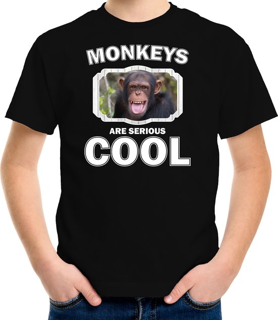 Dieren apen t-shirt zwart kinderen - monkeys are serious cool shirt  jongens/ meisjes - cadeau shirt chimpansee/ apen liefhebber - kinderkleding / kleding 146/152