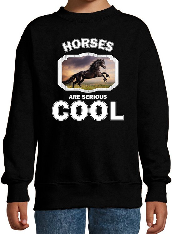 Dieren paarden sweater zwart kinderen - horses are serious cool trui jongens/ meisjes - cadeau zwart paard/ paarden liefhebber - kinderkleding / kleding 170/176