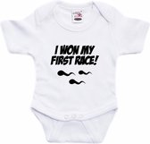 I won my first race tekst baby rompertje wit jongens en meisjes - Kraamcadeau - Babykleding 56