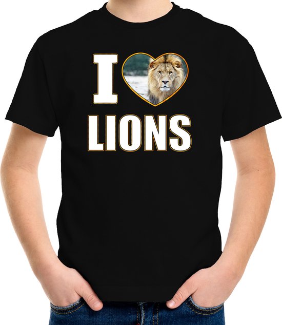 I love lions t-shirt met dieren foto van een leeuw zwart voor kinderen - cadeau shirt leeuwen liefhebber - kinderkleding / kleding 122/128