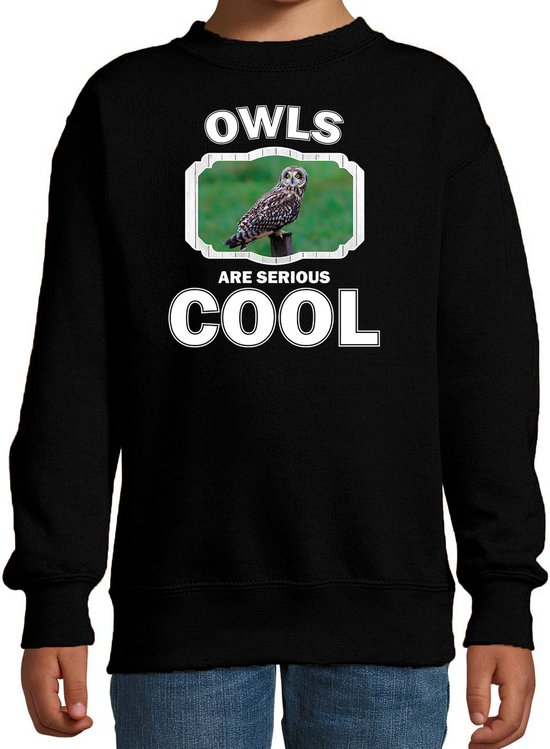 Dieren uilen sweater zwart kinderen - owls are serious cool trui jongens/ meisjes - cadeau velduil/ uilen liefhebber - kinderkleding / kleding 134/146