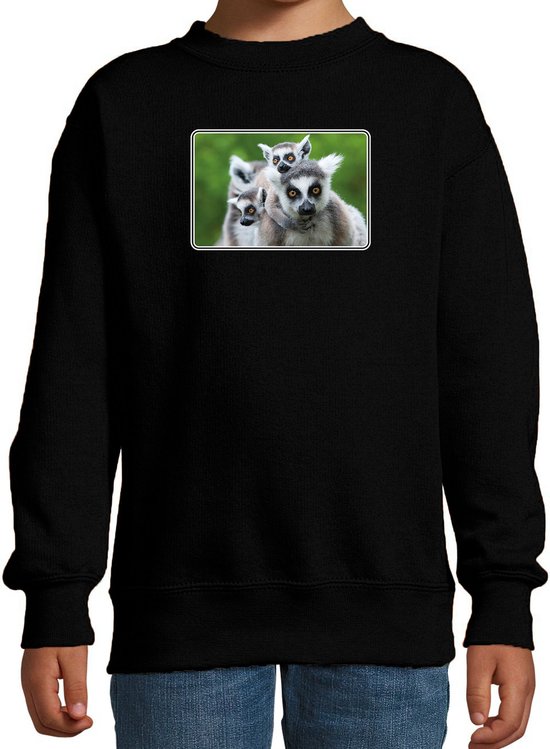 Dieren sweater met maki apen foto - zwart - kinderen - natuur / ringstaart maki cadeau trui - kleding / sweat shirt 110/116