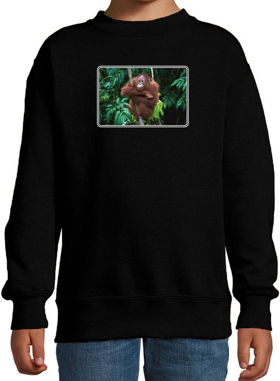 Dieren sweater met apen foto - zwart - voor kinderen - natuur / Orang Oetan aap cadeau trui - sweat shirt / kleding 170/176