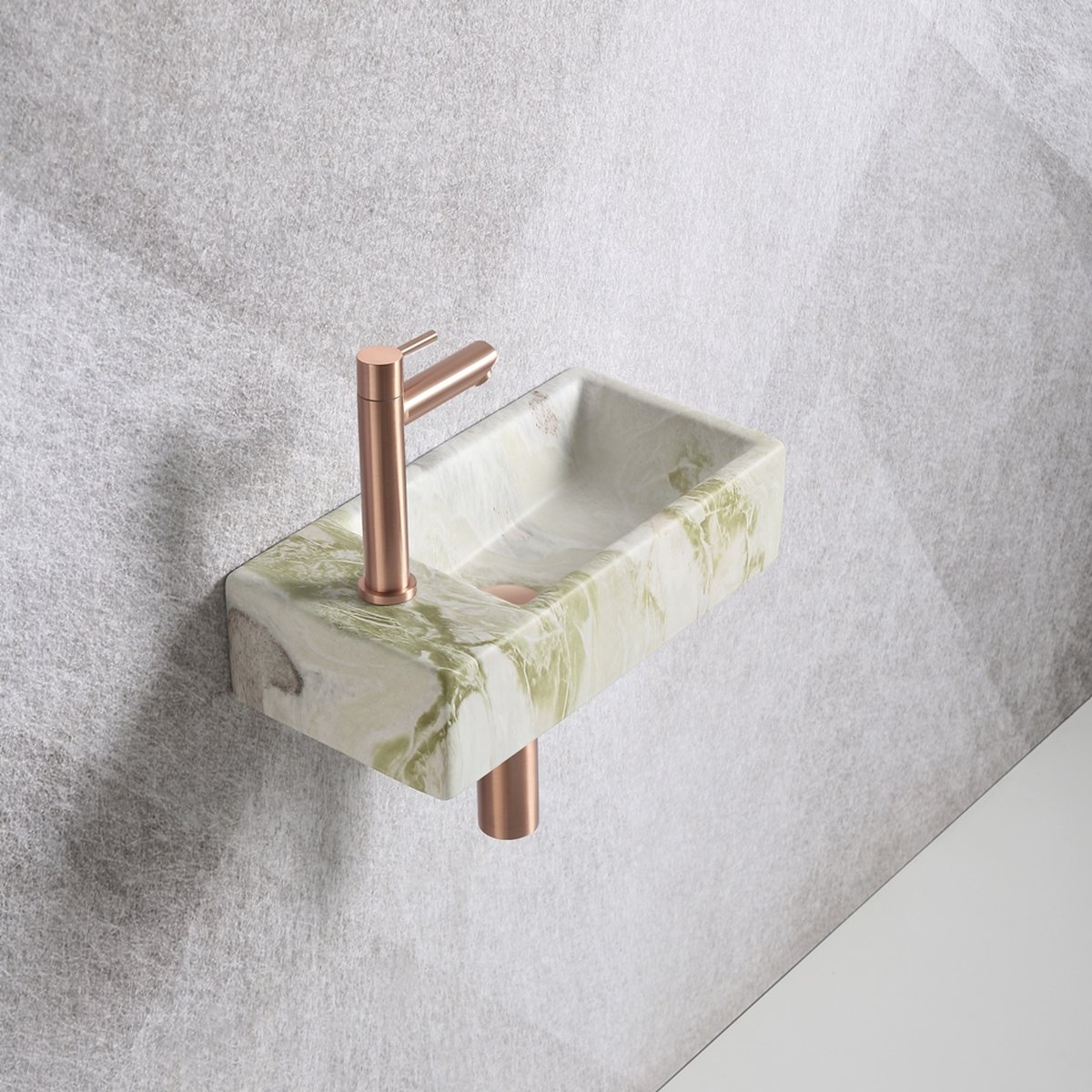 Fonteinset Mia 40.5x20x10.5cm marmerlook wit groen links inclusief fontein kraan, sifon en afvoerplug mat rose goud
