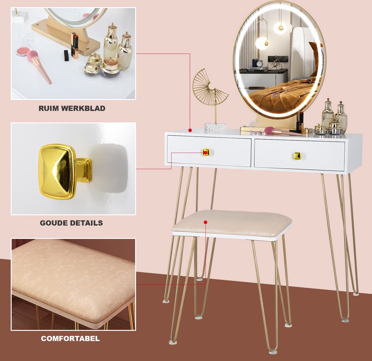 COSTWAY Make-uptafel voor kinderen, met verlichting, kaptafel voor meisjes met drievoudig inklapbare spiegel en lade, make-uptafel van hout met kruk, kinderkaptafel set voor kinderen vanaf 3 jaar COSTWAY Make-uptafel voor kinderen, met verlichting, kaptafel voor meisjes met drievoudig inklapbare spiegel en lade, make-uptafel van hout met kruk, kinderkaptafel set voor kinderen vanaf 3 jaar