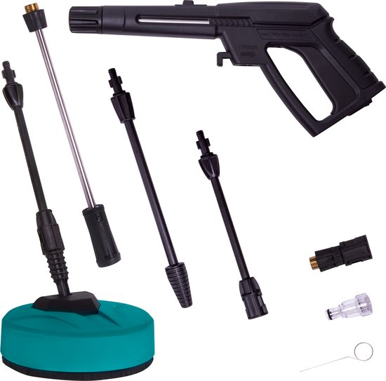 Accessoires voor hogedrukreiniger: spuitpistool, lans, terrasreiniger, op witte achtergrond.
