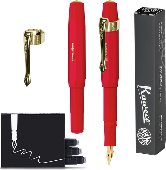 Kaweco (3 parties) - Stylo Plume CLASSIC SPORT ROUGE Stylo Plume - Fin - Nostalgie Oktogonal Clip Vergoldet - Boîte de Recharges