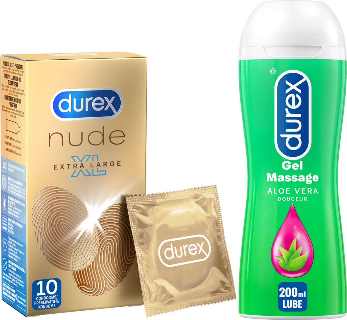 Durex - 10 stuks Condooms - Nude XL - 200 ml Glijmiddel - Play Massage 2/1 Aloe - Voordeelverpakking