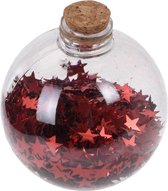 6x Transparante fles kerstballen met rode sterren 8 cm - Onbreekbare kerstballen - Kerstboomversiering rood