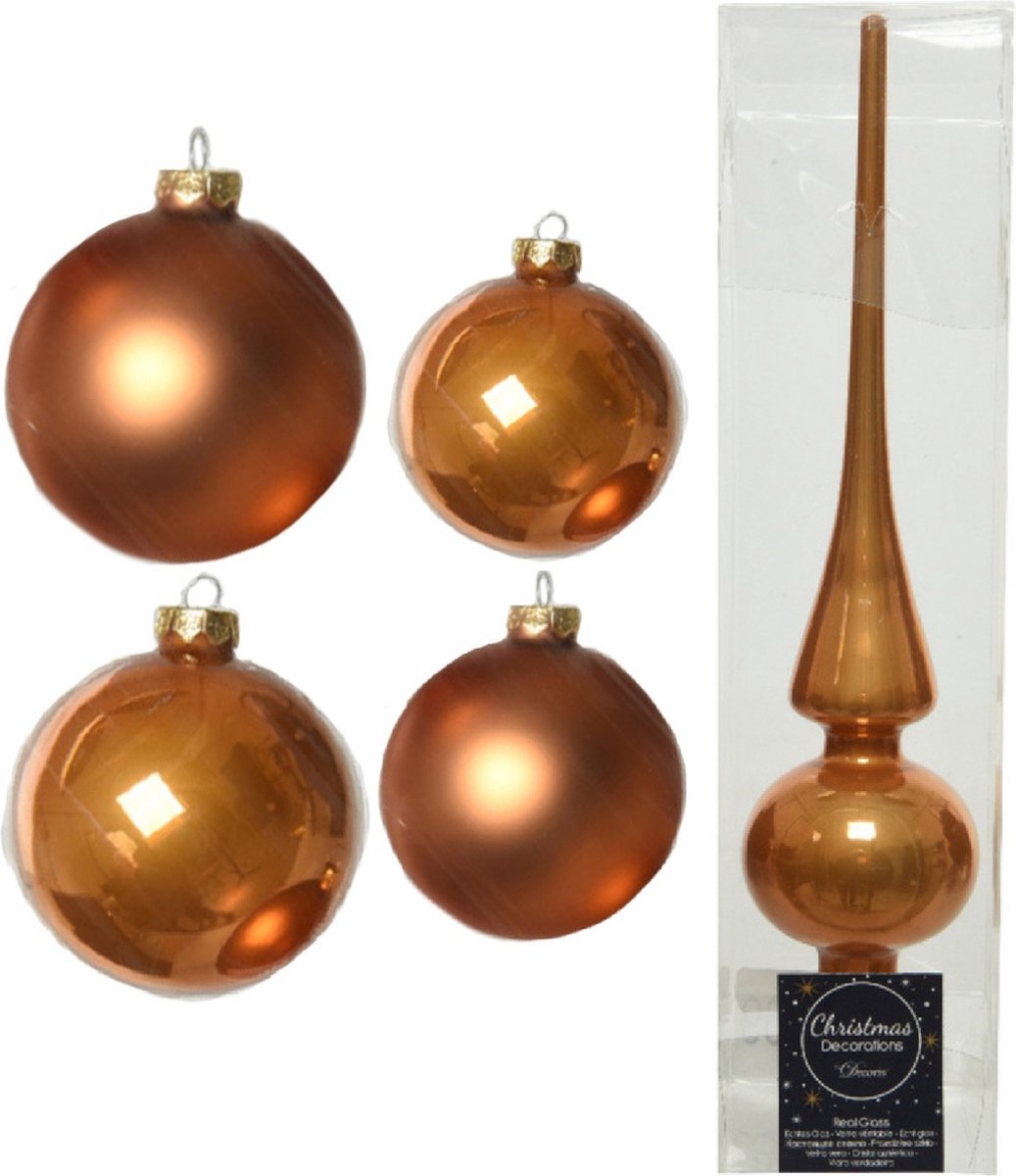 Compleet glazen kerstballen pakket cognac bruin glans/mat 38x stuks - 18x 4 cm en 20x 6 cm - Inclusief piek glans