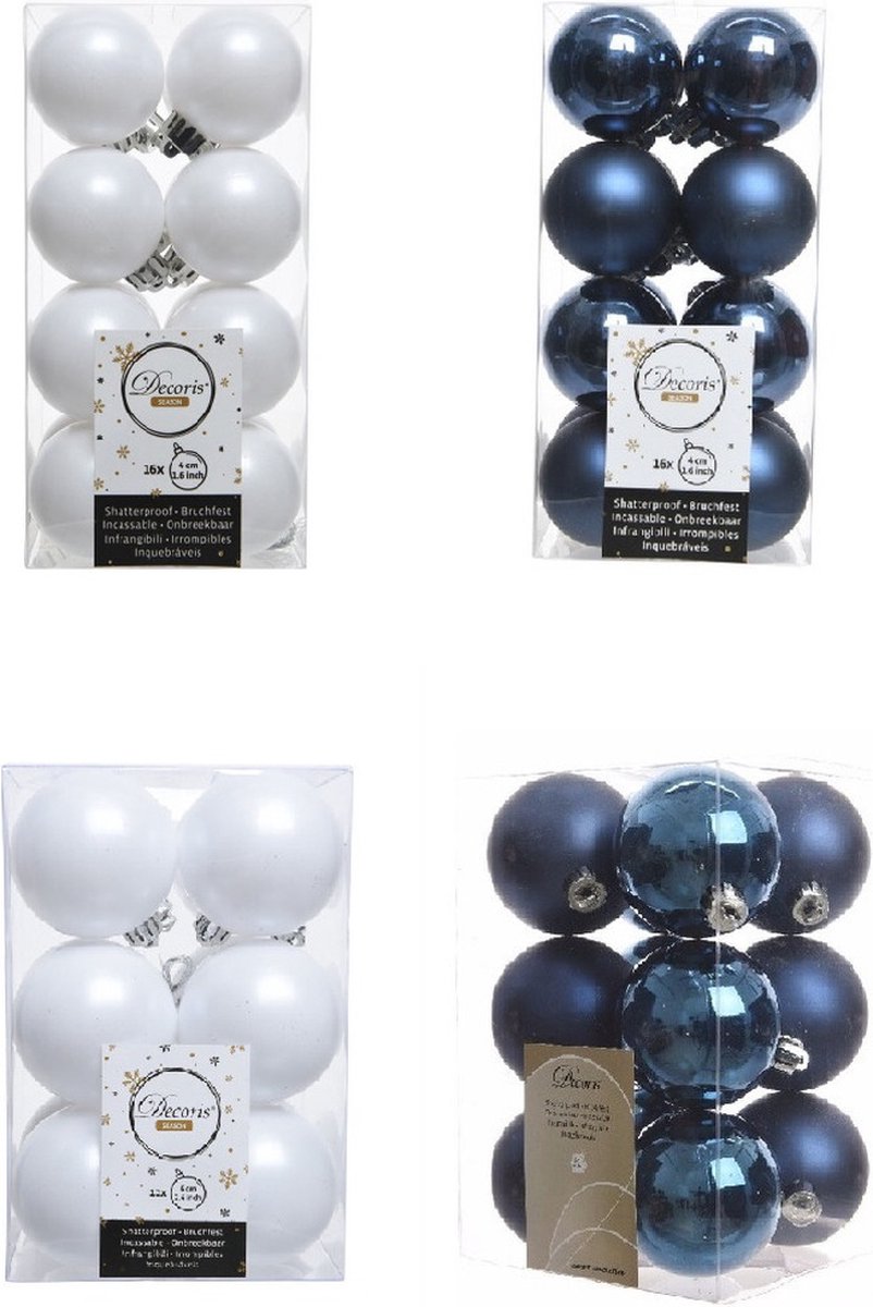 Kerstversiering kunststof kerstballen kleuren mix donkerblauw/winter wit 4 en 6 cm pakket van 80x stuks