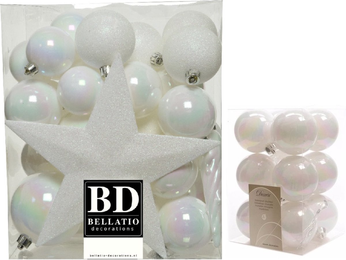 Kerstversiering kunststof kerstballen parelmoer wit 5-6-8 cm pakket van 45x stuks - Met kunststof ster piek van 19 cm