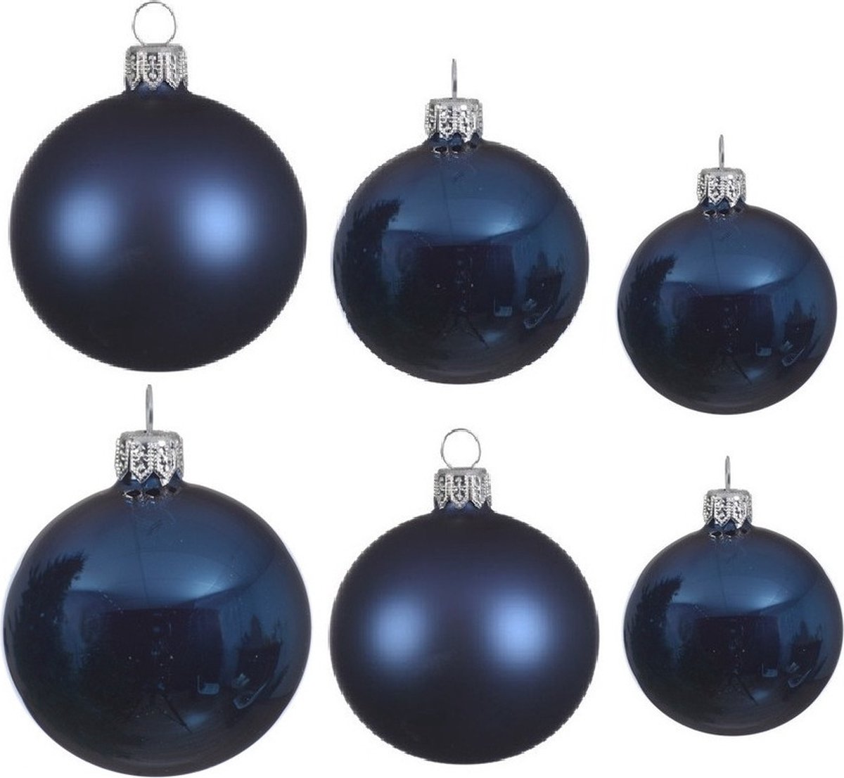 Compleet glazen kerstballen pakket donkerblauw glans/mat 16x stuks - 6x 6 cm - 6x 8 cm - 4x 10 cm