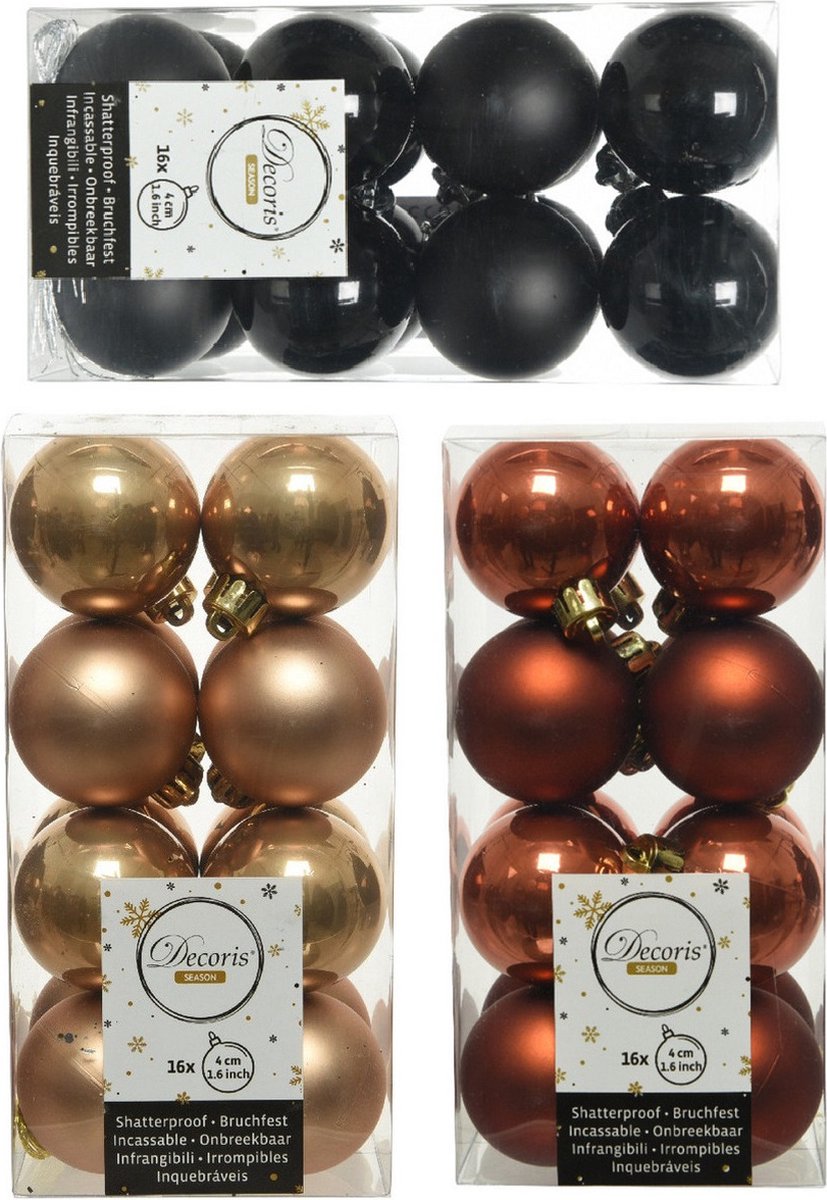 48x Stuks kunststof kerstballen mix zwart/terra bruin/camel bruin 4 cm - Kleine kerstballetjes - Kerstboomversiering