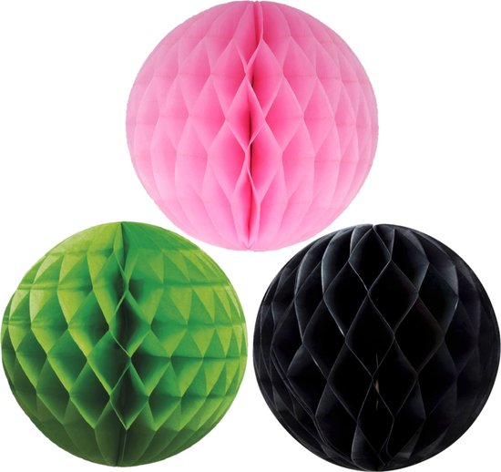 Kerstversiering set van 6x papieren kerstballen 10 cm zwart groen en roze - Kerst decoratie bollen/ballen