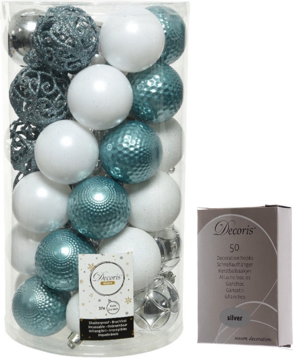 Kerstversiering mix pakket kunststof kerstballen zilver/ijsblauw/wit 37x stuks 6 cm met zilverkleurige ophanghaakjes