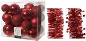 Kerstversiering kunststof kerstballen 6-8-10 cm met folieslingers pakket rood van 28x stuks - Kerstboomversiering