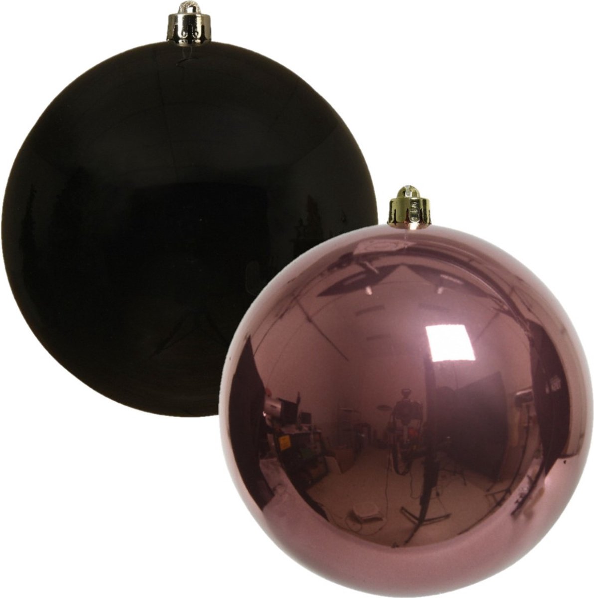 Kerstversieringen set van 6x grote kunststof kerstballen zwart en oud roze 14 cm glans - 3x per kleur