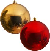 2x stuks grote kerstballen van 20 cm glans van kunststof goud en rood - Kerstversiering