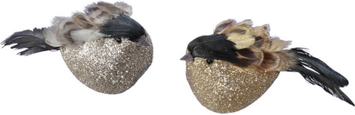4x Decoratievogels op clip oker/grijs 11 cm - decoratie vogeltjes/decoratievogeltjes - Kerstboomversiering/woondecoratie