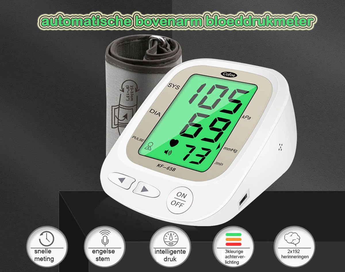 Bloeddrukmeter - Bloeddrukmeter Bovenarm - Digitale Hartslagmeter Met Engelse Stemfunctie - 3 Kleur Lcd Monitor - Dubbele Voedingsmethoden - 4 AA-Batterijn (NIET INBEGREPEN) - Normaal armband 23-33cm - Wit