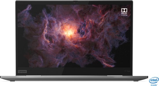 Lenovo ThinkPad X1 Yoga laptop met Dolby Vision en Intel inside logo. Het scherm toont een paarse en oranje abstracte afbeelding.