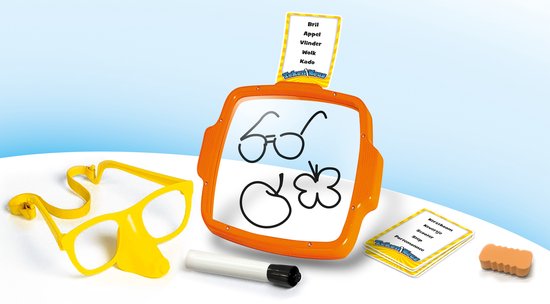 Gele bril met neus, een stift, een bord met tekeningen van een bril en een vlinder, en kaartjes.