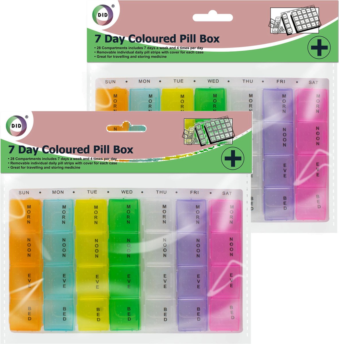 Goedkoopste Multipak van 2x stuks gekleurde medicijnen doos/pillendoosjes 28-vaks wit met de dagen van de week 17 cm - Geneesmiddelen bewaarbox