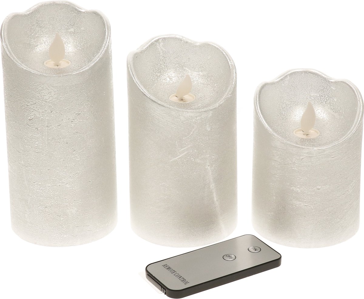 Lumineo Kaarsen set van 3x stuks led stompkaarsen zilver met afstandsbediening - Woondecoratie - Elektrische kaarsen