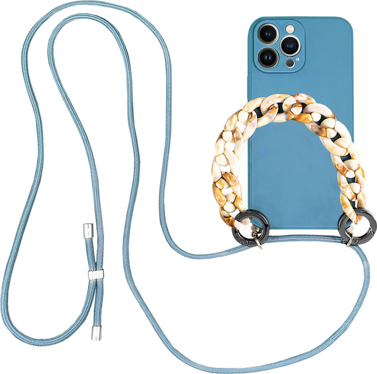 Høyde - Geschikt voor iPhone 13 Pro - Telefoonhoes met koord + Kralenketting - Blauw