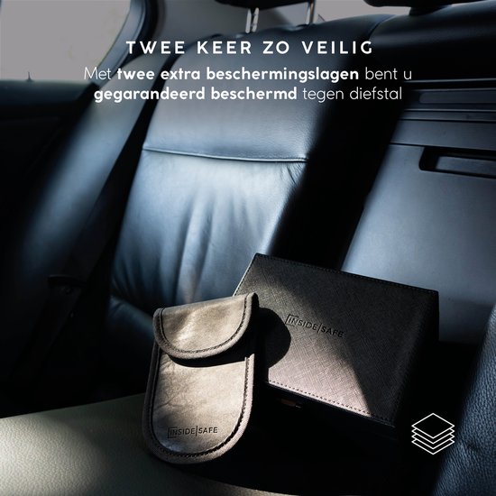 Zwarte RFID-beschermhoes en portemonnee liggen in de leren stoelen van een auto.