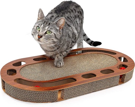 Pfotenolymp® Katten Speelplaats - Interactief Kat Speelgoed/Krabplank van Golfkarton - 57x30x5cm. Inclusief Voedselspeeltje, Speelbal & Kattenkruid