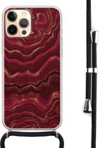 Hoesje met koord - Geschikt voor iPhone 12 - Marmer rood agate - Verstelbaar zwart koord - Transparant - Marmer - Leuke Telefoonhoesjes